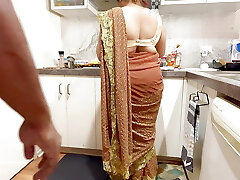 Indian Couple Romance in the Kitchen - Saree Sex - Saree lifted up, Butt Smacked Boobs Press