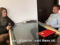 Stud pretended to be the boss to do a fake job conversation for a brunette teen Stud pretended to be the boss to do a fake job conversation for a brunette teen