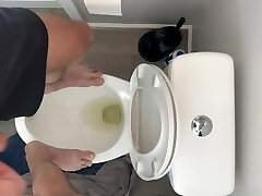High on pot and fit to squirt standing on public toilet desperate to piss open wide gulp up piss mega-slut