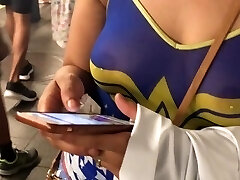 Wife in See thru wonder women shirt with pierced puffies in public