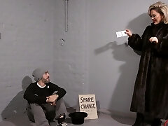 Lucky homeless fellow jerks off while watching Harli May strip