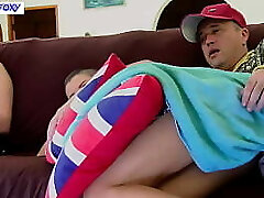Creampie her next to girlfriend while she watches TV