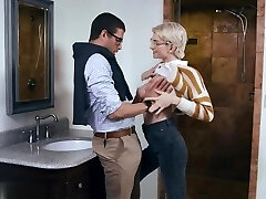 Short haired blonde with glasses, Skye Blue got porked after giving a blowjob to a friend