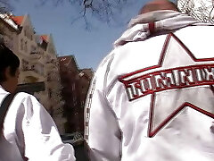 Tights wearing brunette babe from Germany gets satisfied by two rods Tights wearing brunette babe from Germany gets satisfied by two rods