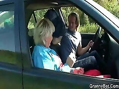 Grannie is picked up from the road and fucked in the truck