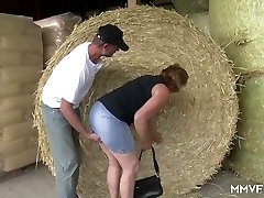 Wild farmer lures chubby mature lady in glasses and pokes her in shed