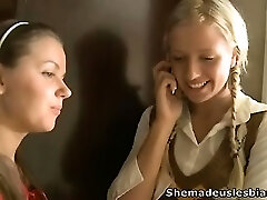 Perverted aged lesbian slut seduced two young honeys.