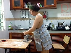 Ravioli Time! Naked Cooking. Regina Noir, a nudist cook at naturist motel resort. Nude maid. Bare housewife. Teaser