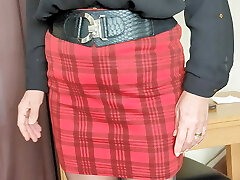 Mrs Sandie, 50+, mini-skirt, blouse, pantyhose and heels.