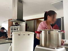 succulent maid MILF with giant saggy tits lets her boss play with her nibs