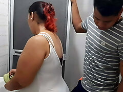 I interrupt while she washes the bathroom to touch her jiggly pussy