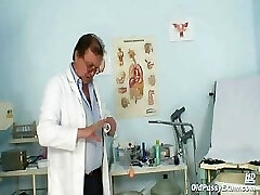 Old damsel Mila visiting gyno doctor for pussy speculum exam on gynochair