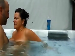 Mature duo having an amazing sex experience in their pool