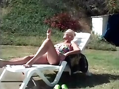 Grannie Anastasia get 2 cocks beside pool