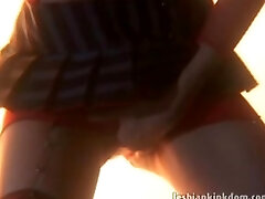 Stockinged lesbian hottie vibrating wet cooch