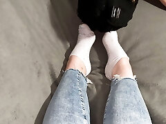 Slave made to lick and sniff goddess feet and got cum kicked out his balls