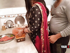 Punjabi Stepmom drilling in the kitchen when she make dinner for son-in-law