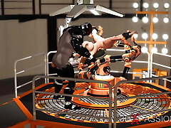 Fuck machine & ultra-kinky sex. Male android plays with a horny girl in restraints