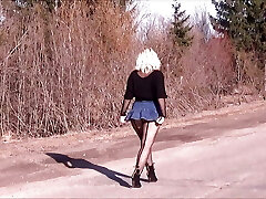 Jeans skirt and ebony pantyhose-Sexy walk big ass