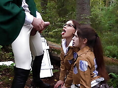 Attack on titan. Messy threeway blowjob for commander in the forest