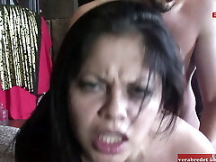 Black haired slut with big natural melons gets a boob cumshot