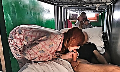 HOSTEL Suck Off: the big boobs slut wakes me up with a good sucky-sucky and sucks all my jism