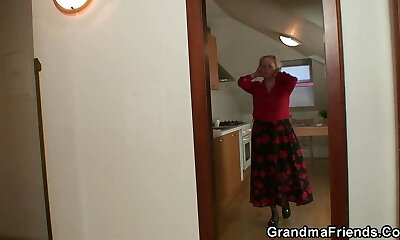 Very old blonde granny pleases two workers