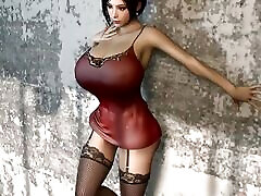 Ada Wong In Silk Lingerie Wiggles Her Massive Tits Pressed Up Against a Wall