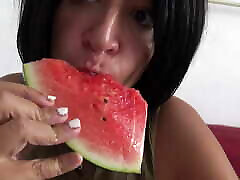 Horny she seduces her girlfriend beurette with natural tits eatis a juicy watermelon
