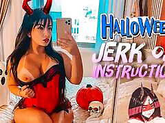 Sexy little devil COSPLAY sherrie perth Jerk Off Instructions wearing a strap on CUM ON HER FEET