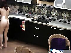 My naughty big sex shemale tracey making dinner naked in the kitchen