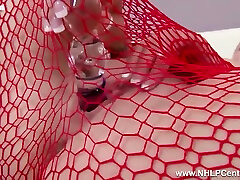 Busty Blonde Kelly Fox Masturbates Big Dildo in Sexy Red Fishnets and Heels