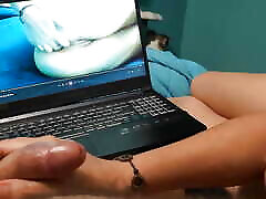 Watching pornktube movies shooting live online while giving handjob