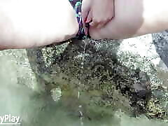 Outdoor anonym hayry len hole insertion with piss in water