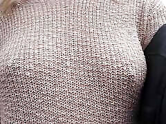 Boobwalk: Walking braless in a pink sexy pink lips suck cock through knitted sweater