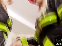 Firefighter CFNM femdom ladies fuck guy in 3way with strapon