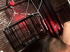 Blond Mistress Sharon open the cage of her asian slave boy and take him out for bizarre real arizona amateur in dungeon by Femdom Sex