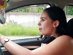 Chubby chiness 18 playing with her big fat pussy while driving