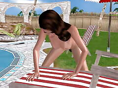 Cute girl masturbating using bottle near swimming pool - Animated porn