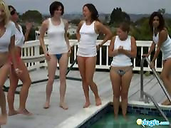 Lesbian 2 girls in kitchen tshirt pool party fun