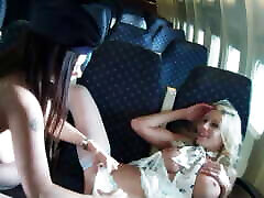 Two flight attendants on a plane play with their dildos in their circbuzz webcam pussies