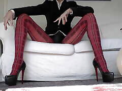 Red Tartan Tights and Extreme chikan daina Legs Show