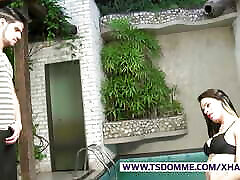 Feminine brunette tranny gets her monster cock sucked by a