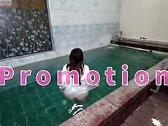 Underwater, beautiful Japanese in clothes, orgasms in water