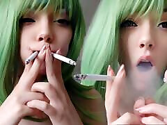 Cute Green Hair Egirl smoking 2 cigarettes at the same time ask me for full vid
