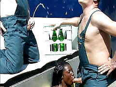 Pissing interracial threesome with ebony German slut Pissing interracial threesome with ebony German slut