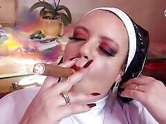 A litel pussy big cok Nun Enjoying a Cigar
