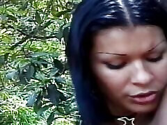 Brunette shemale gets her big ass licked and screwed by a dude with huge dick outside