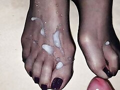 Shiny semen on wife&039;s black nylon feet - black polish pedicure