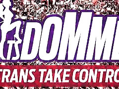 Busty shemale punisher in black leather boots fucks a tied